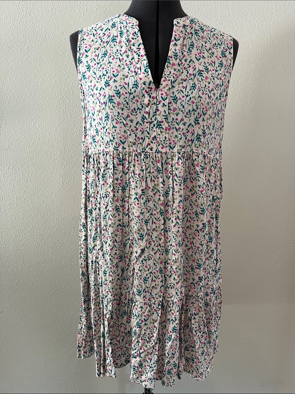 Floral V-Neck Sleeveless Mini Dress in White with Pink & Green Print